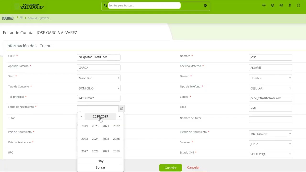 Paso 2B Registro de información en campos tipo fecha
