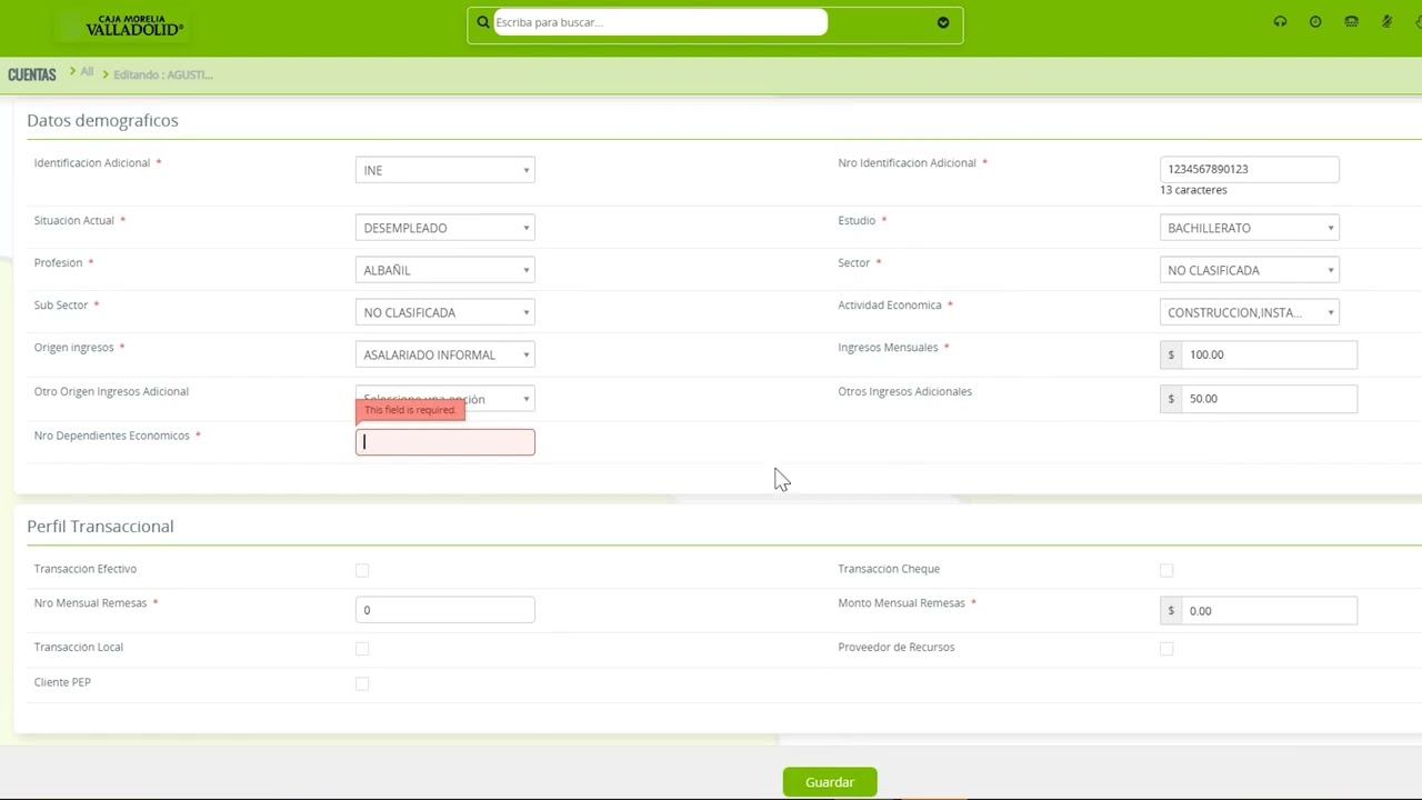 Paso 5 Actualizar datos del Prospecto y Evaluación del Perfil de Riesgo